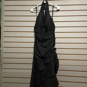 Black Halter Ruched Ruffle Party Cocktail Dress Rhinestone Formal Bow Sz 11